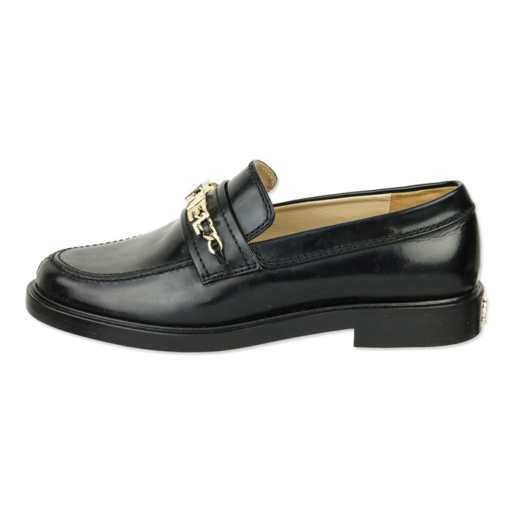 Chanel Black Leather Logo Charm Chain Loafers