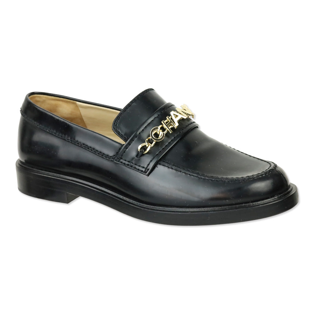 Chanel Black Leather Logo Charm Chain Loafers