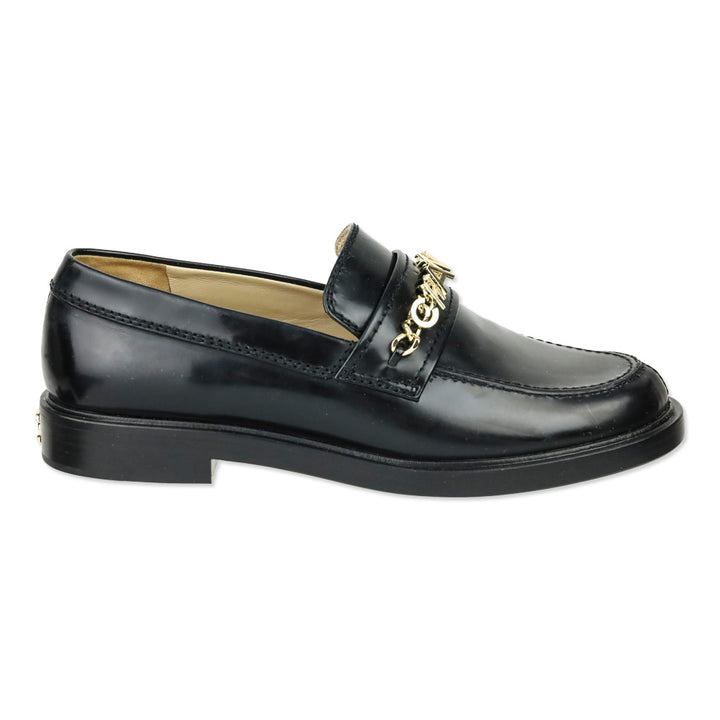 Chanel Black Leather Logo Charm Chain Loafers