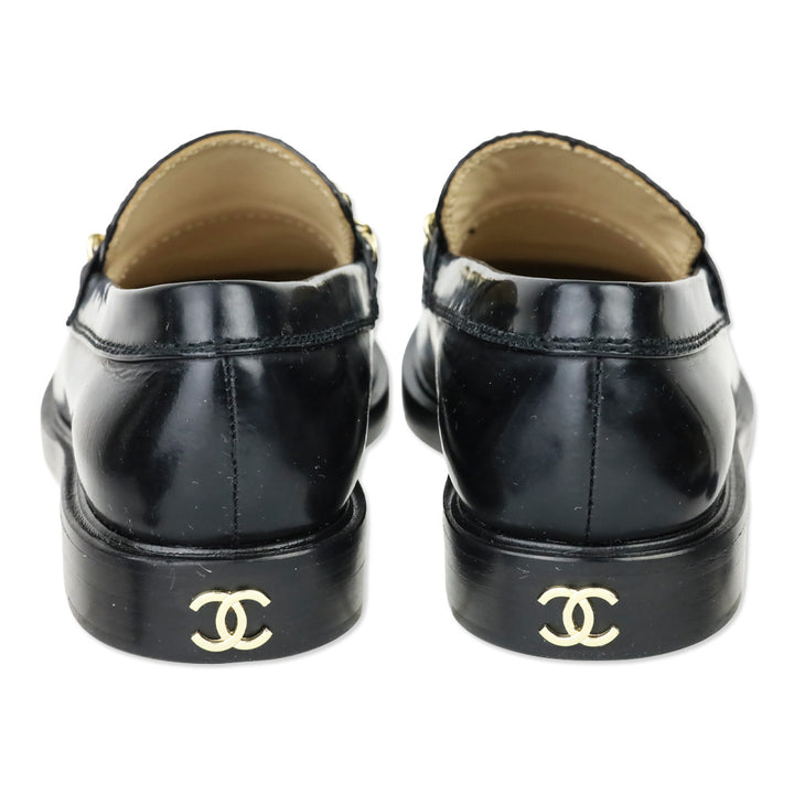 Chanel Black Leather Logo Charm Chain Loafers