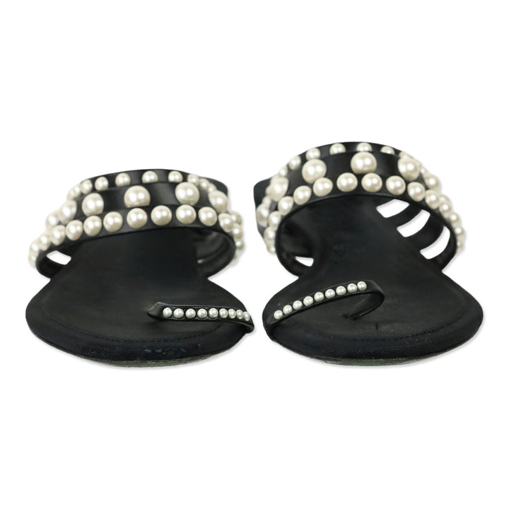 Chanel Black Leather Pearl Trim Toe Ring Slide Sandal