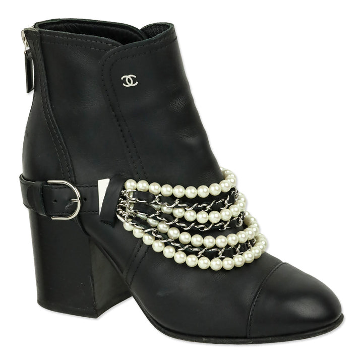 Chanel Black Leather Pearl Woven Chain Ankle Booties
