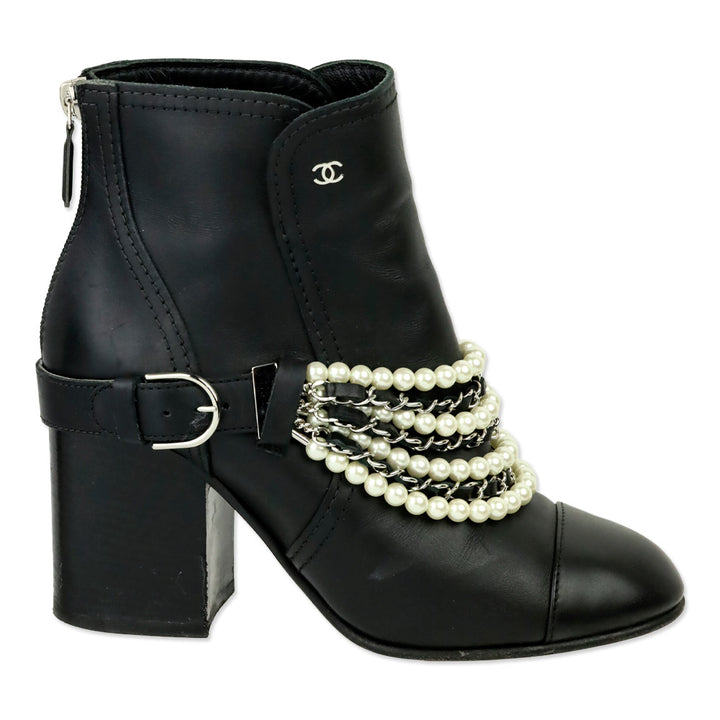 Chanel Black Leather Pearl Woven Chain Ankle Booties