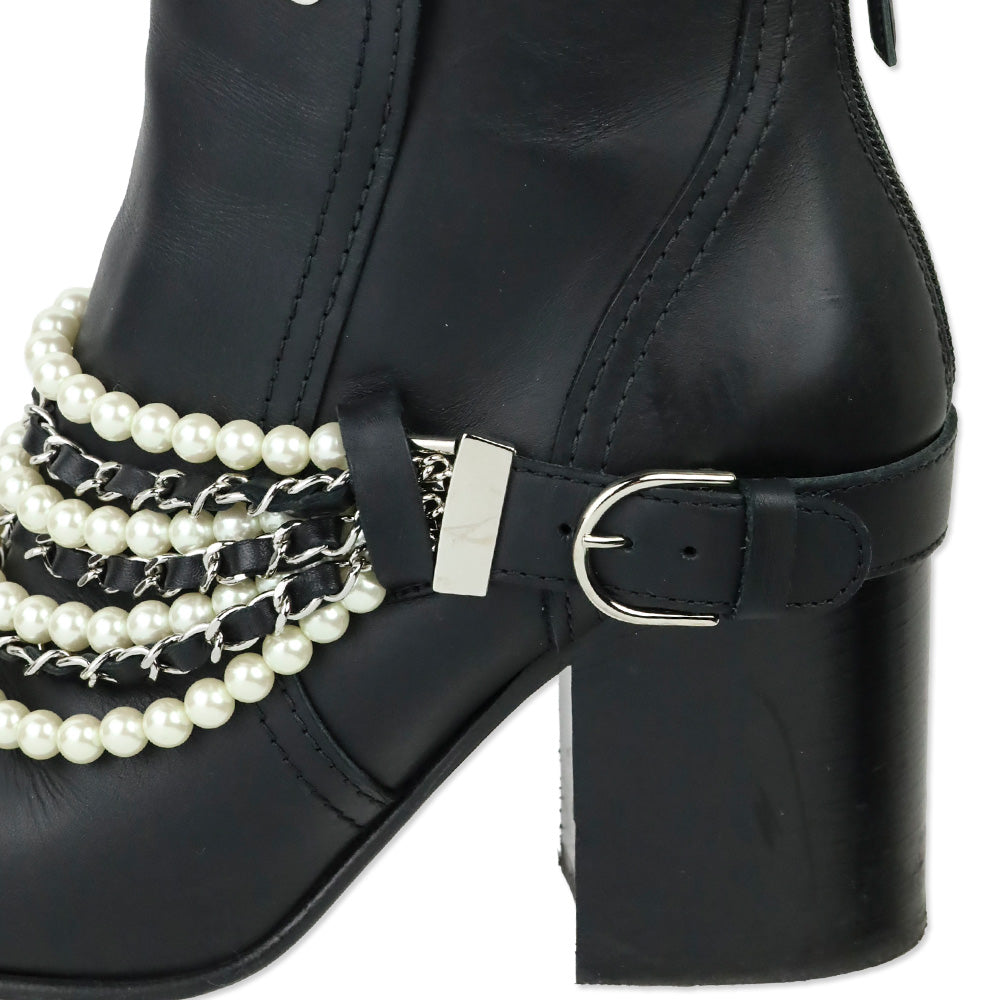 Chanel Black Leather Pearl Woven Chain Ankle Booties