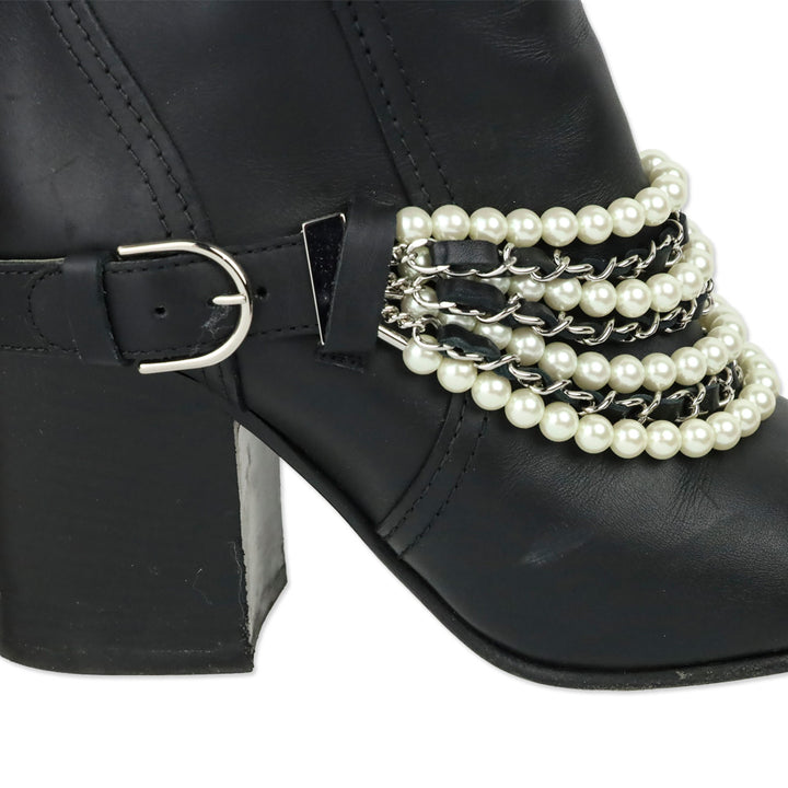 Chanel Black Leather Pearl Woven Chain Ankle Booties