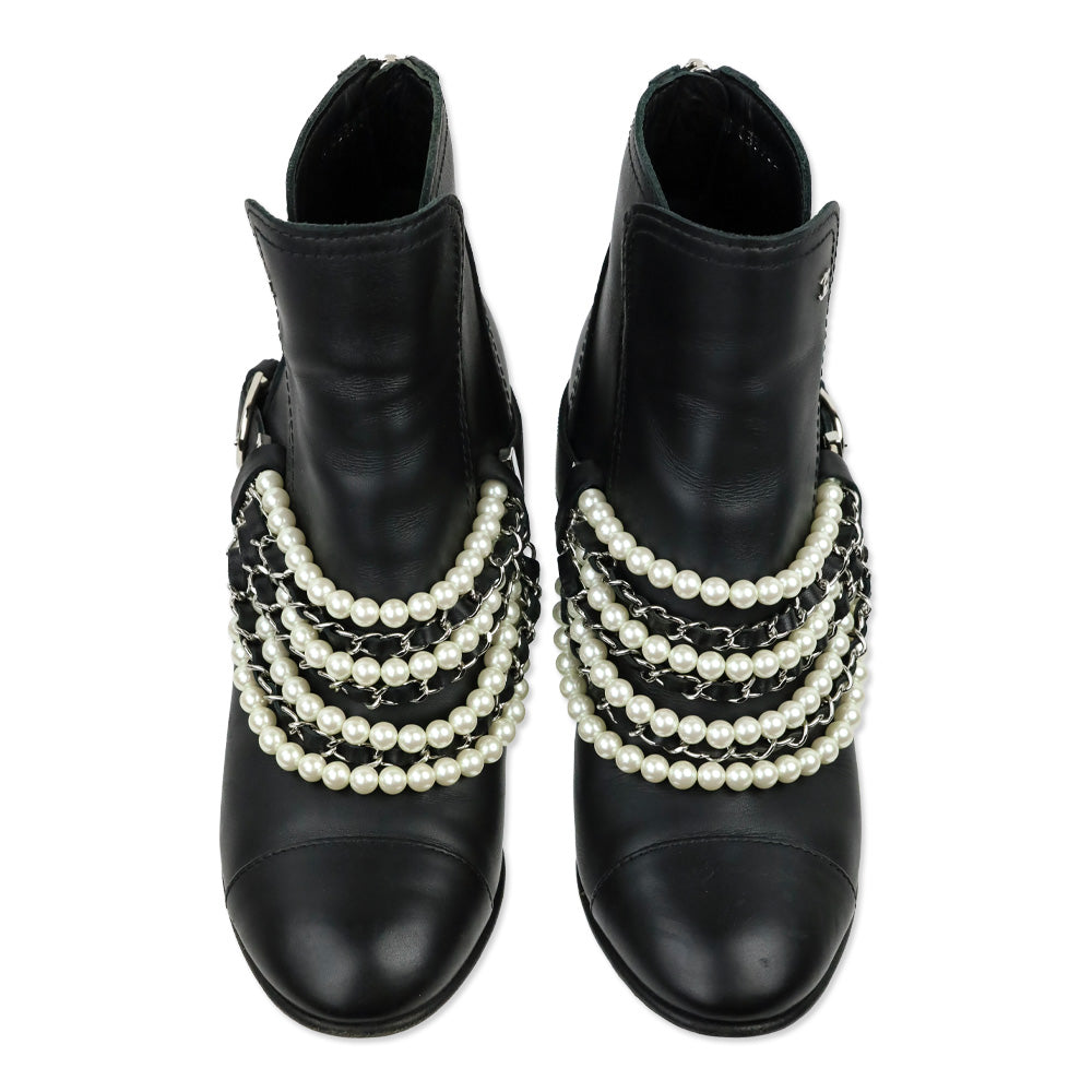 Chanel Black Leather Pearl Woven Chain Ankle Booties