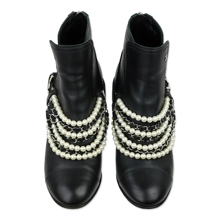Chanel Black Leather Pearl Woven Chain Ankle Booties