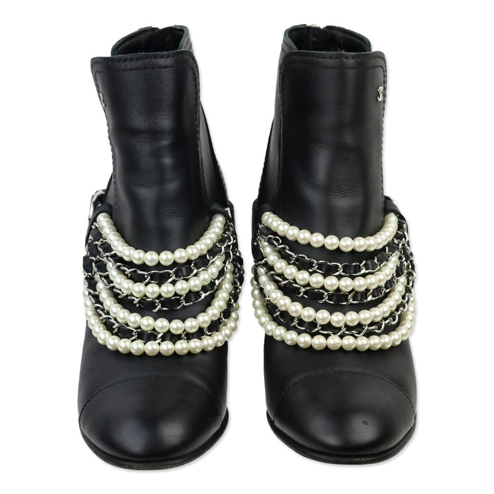 Chanel Black Leather Pearl Woven Chain Ankle Booties