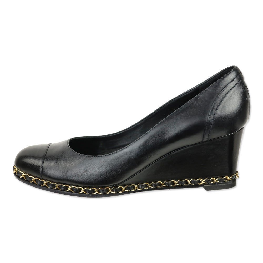 Chanel Black Leather Toe Chain Wedge Pumps