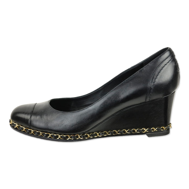 Chanel Black Leather Toe Chain Wedge Pumps