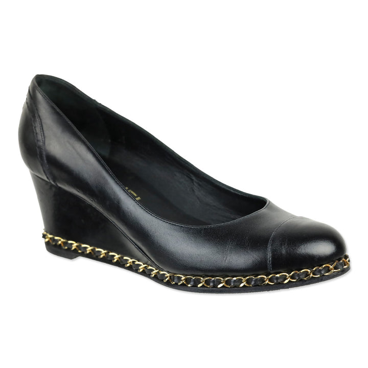 Chanel Black Leather Toe Chain Wedge Pumps