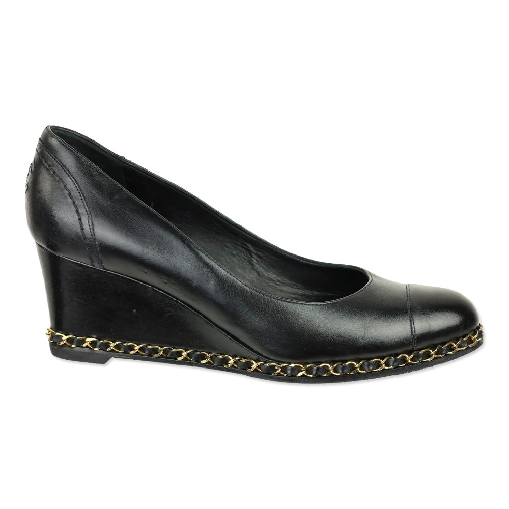 Chanel Black Leather Toe Chain Wedge Pumps
