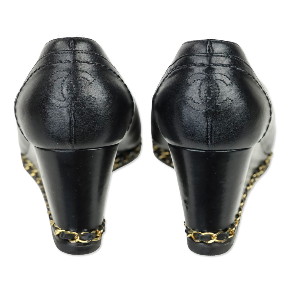 Chanel Black Leather Toe Chain Wedge Pumps