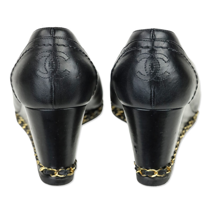 Chanel Black Leather Toe Chain Wedge Pumps