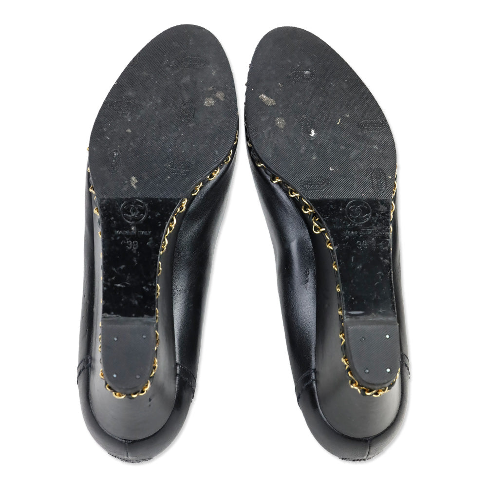 Chanel Black Leather Toe Chain Wedge Pumps