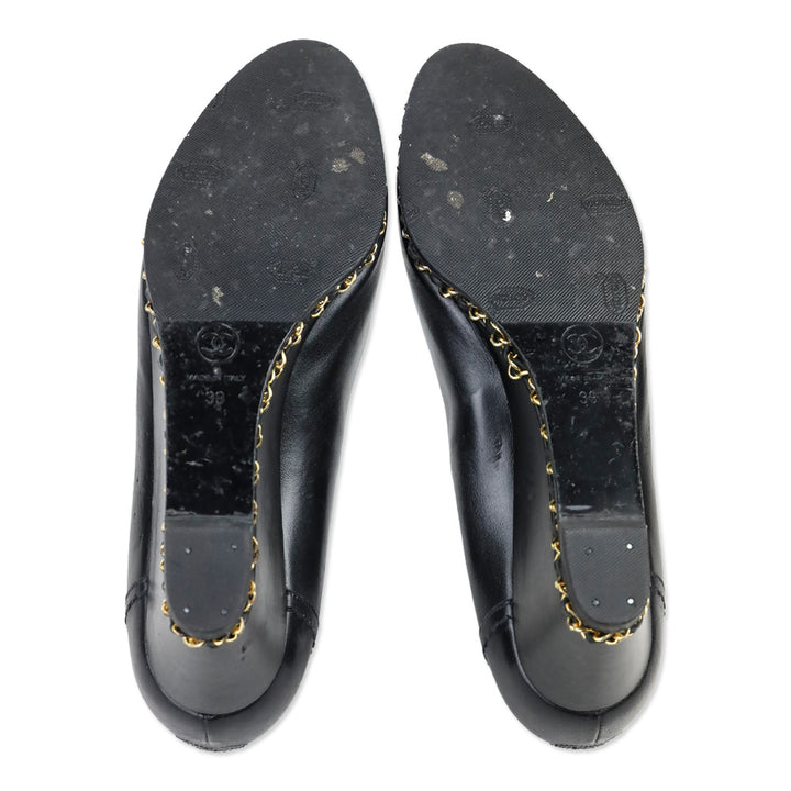 Chanel Black Leather Toe Chain Wedge Pumps
