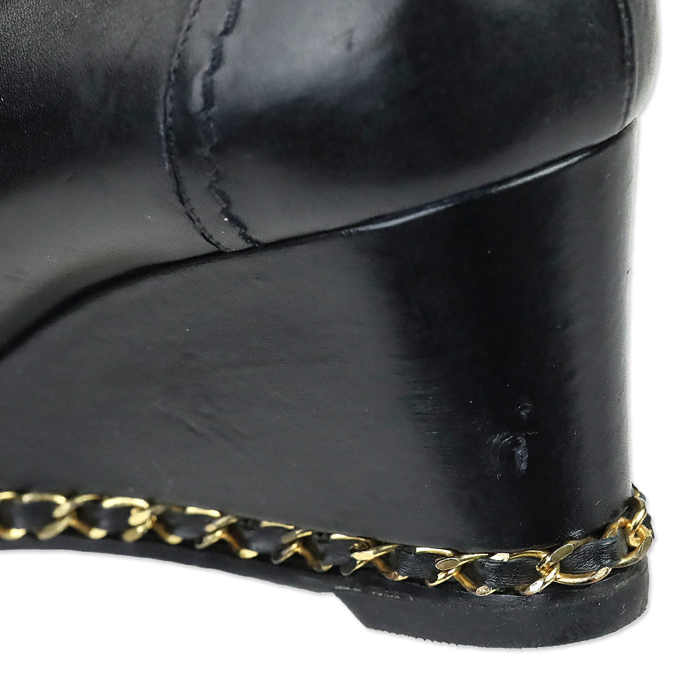 Chanel Black Leather Toe Chain Wedge Pumps