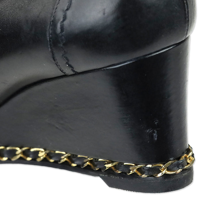 Chanel Black Leather Toe Chain Wedge Pumps