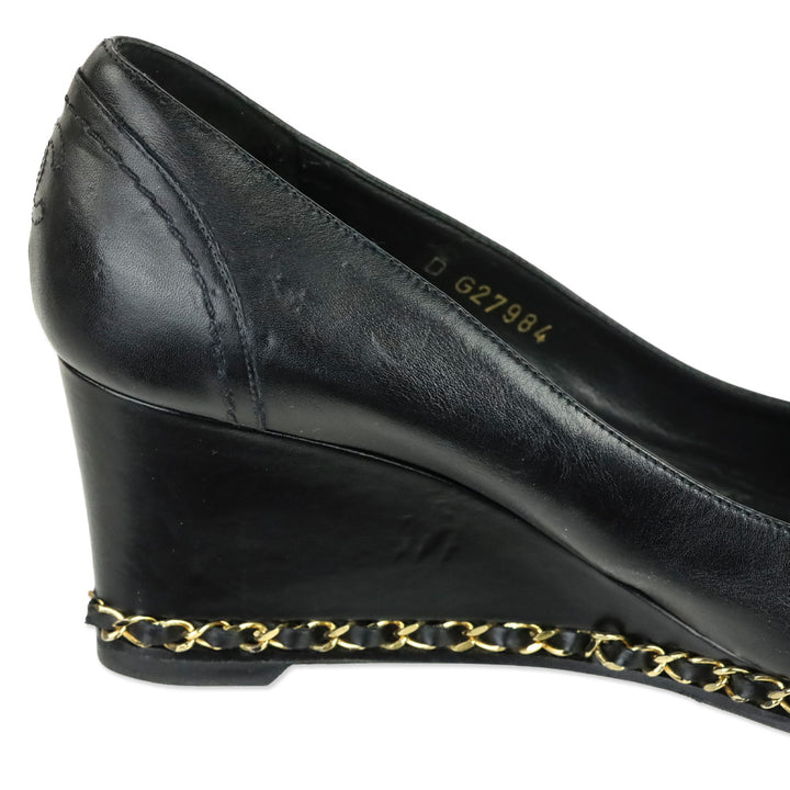 Chanel Black Leather Toe Chain Wedge Pumps