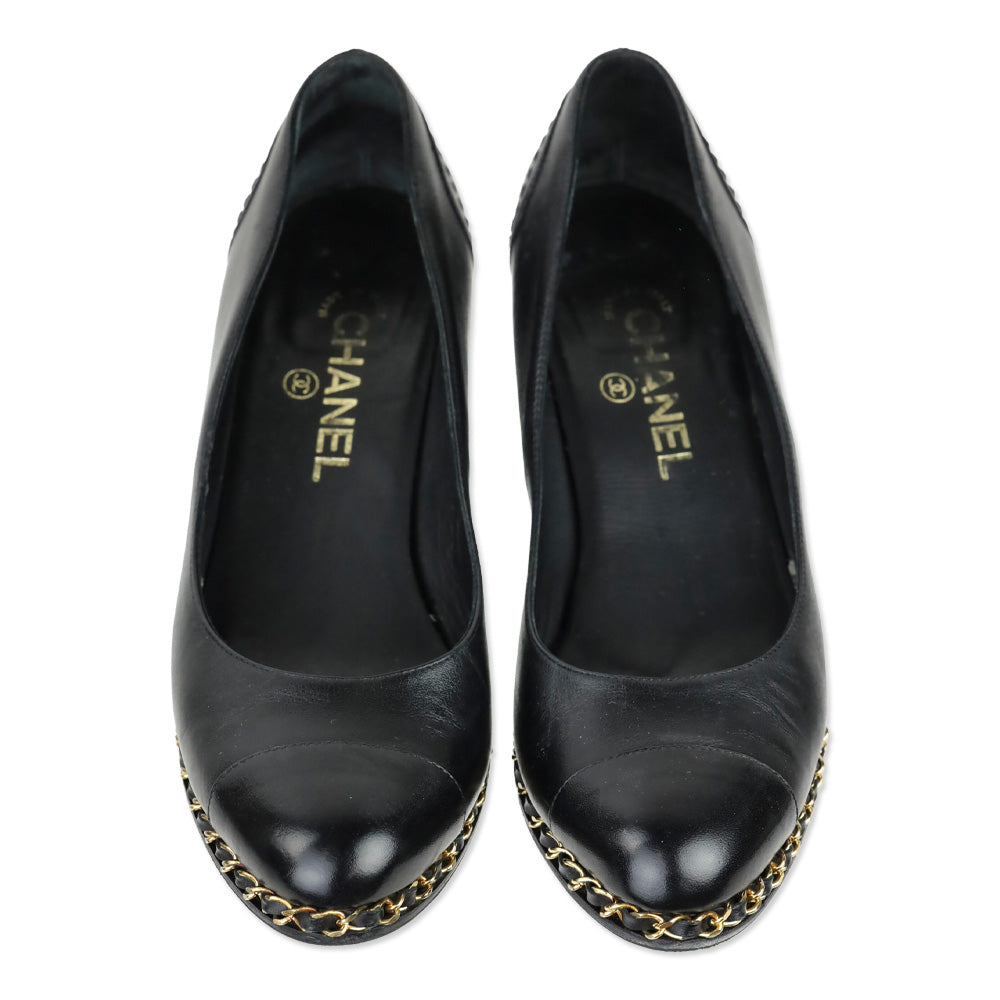 Chanel Black Leather Toe Chain Wedge Pumps