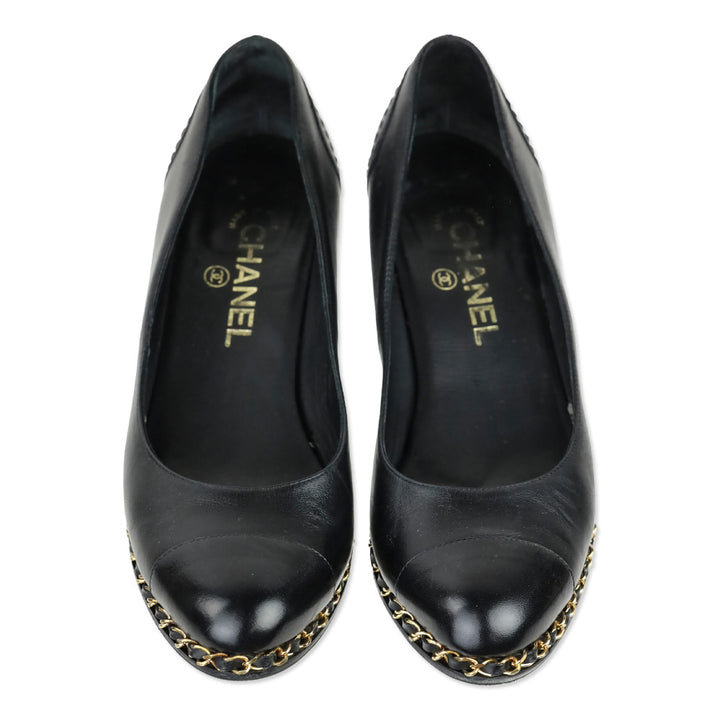 Chanel Black Leather Toe Chain Wedge Pumps