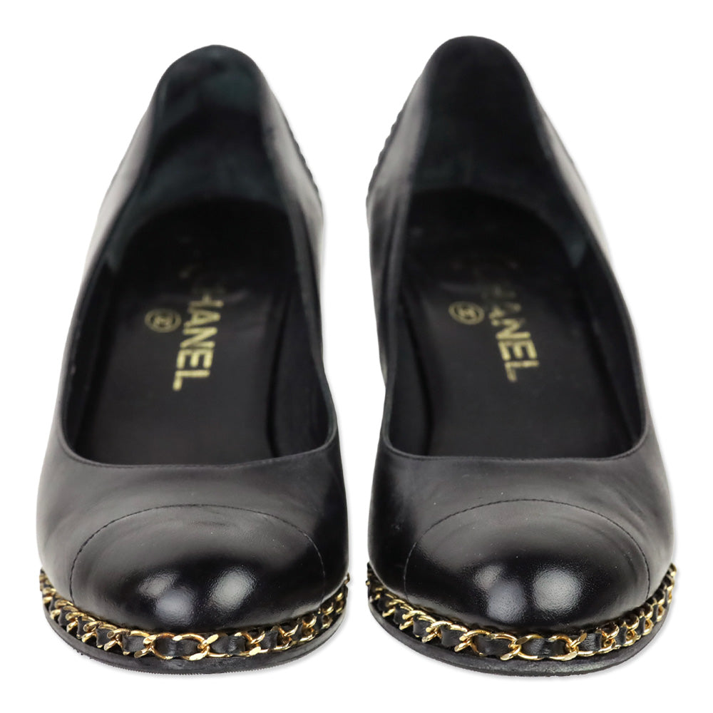 Chanel Black Leather Toe Chain Wedge Pumps