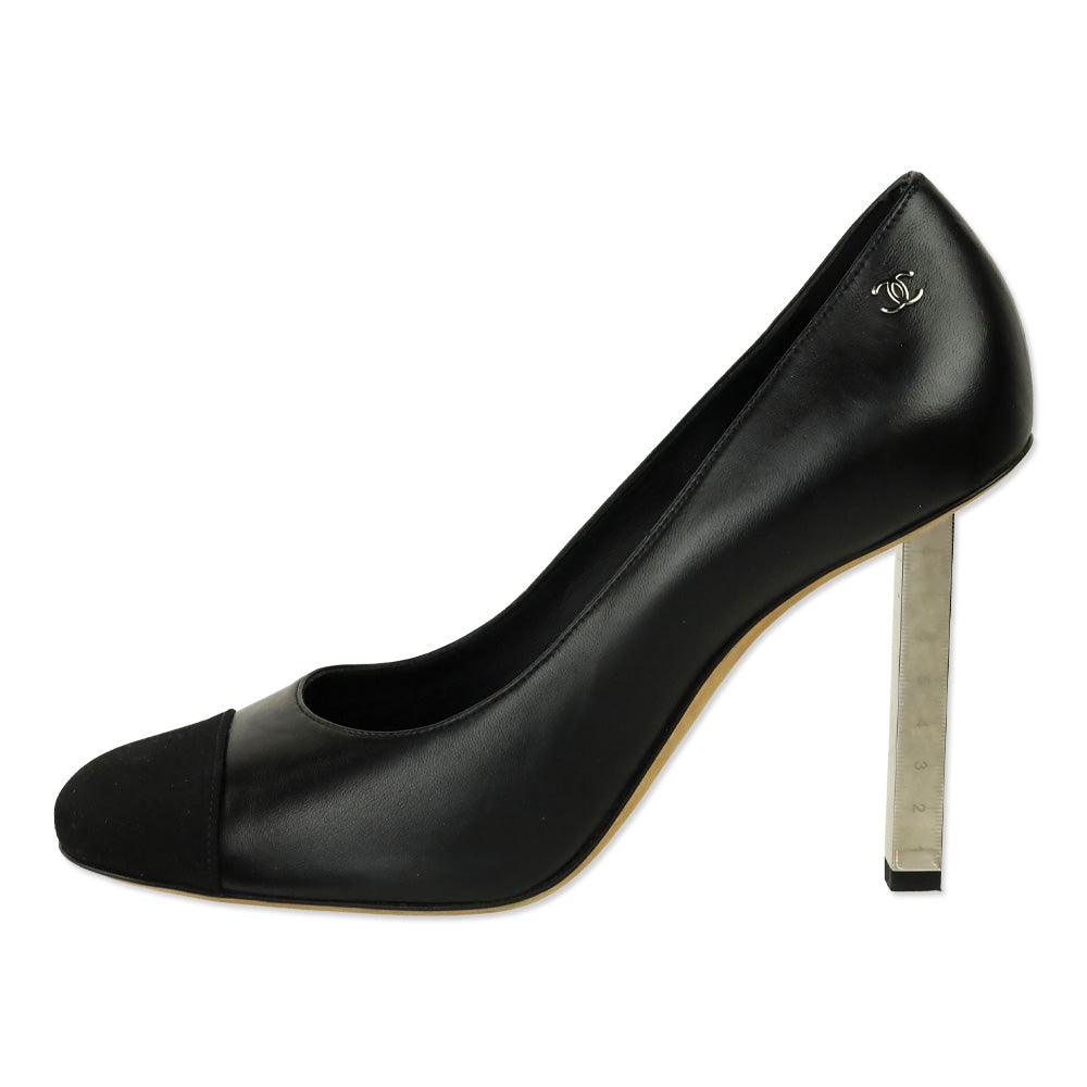 Chanel Black Leather Satin Cap Toe Measure Tape Heel