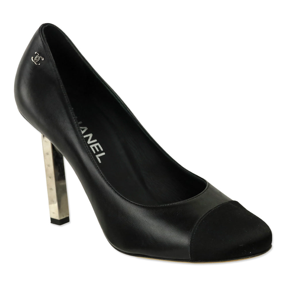 Chanel Black Leather Satin Cap Toe Measure Tape Heel