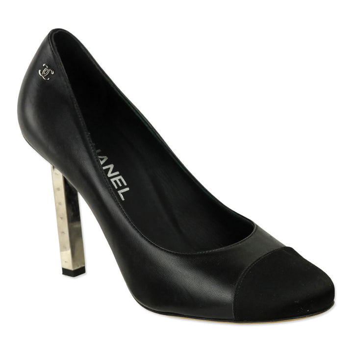 Chanel Black Leather Satin Cap Toe Measure Tape Heel
