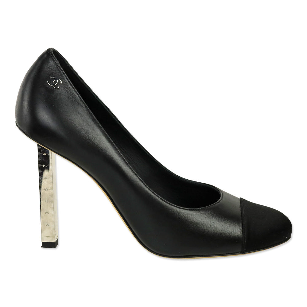 Chanel Black Leather Satin Cap Toe Measure Tape Heel