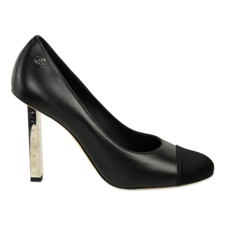 Chanel Black Leather Satin Cap Toe Measure Tape Heel