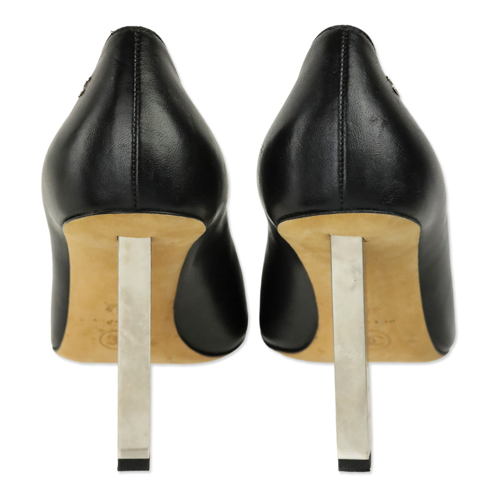 Chanel Black Leather Satin Cap Toe Measure Tape Heel