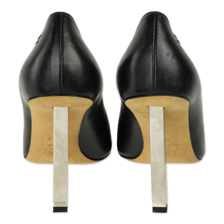 Chanel Black Leather Satin Cap Toe Measure Tape Heel