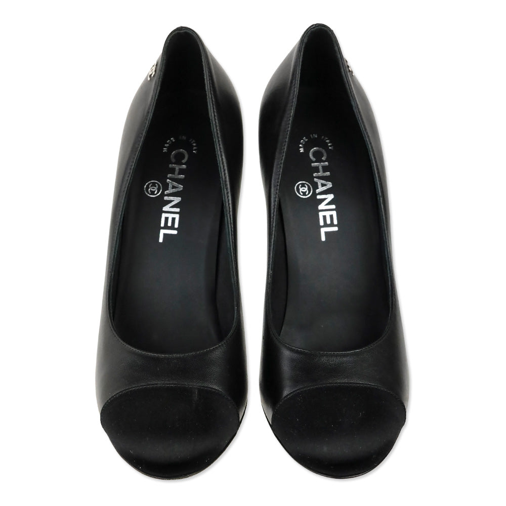 Chanel Black Leather Satin Cap Toe Measure Tape Heel