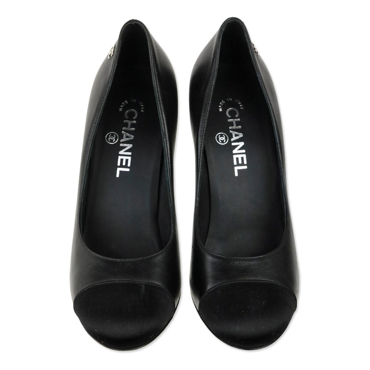 Chanel Black Leather Satin Cap Toe Measure Tape Heel