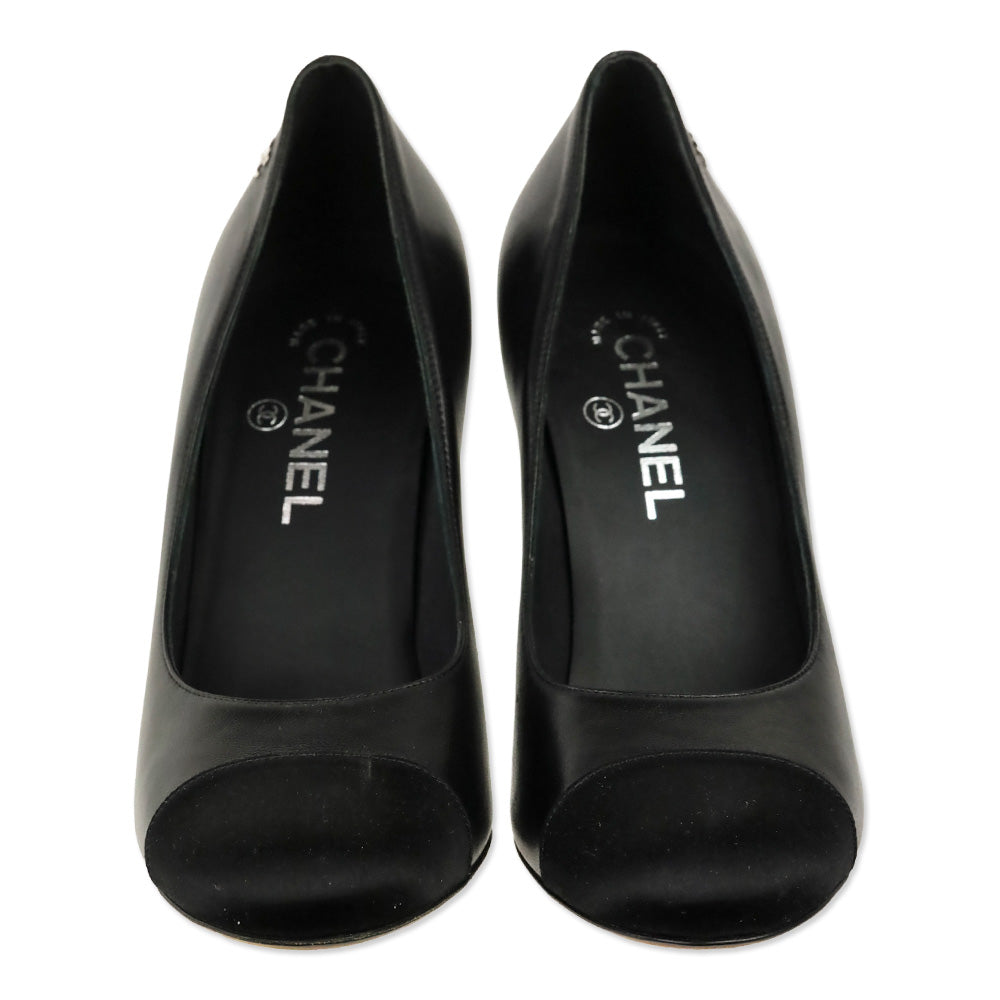 Chanel Black Leather Satin Cap Toe Measure Tape Heel