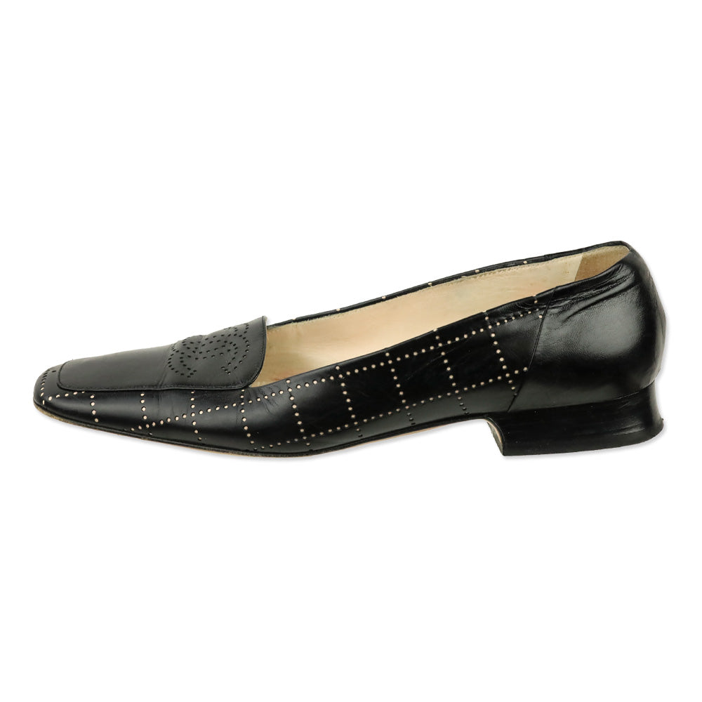 Chanel Black Leather Square Toe Pointelle Accent Heels