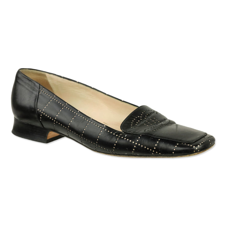 Chanel Black Leather Square Toe Pointelle Accent Heels