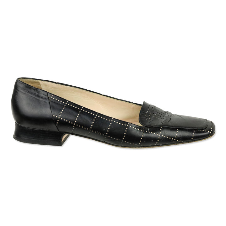 Chanel Black Leather Square Toe Pointelle Accent Heels