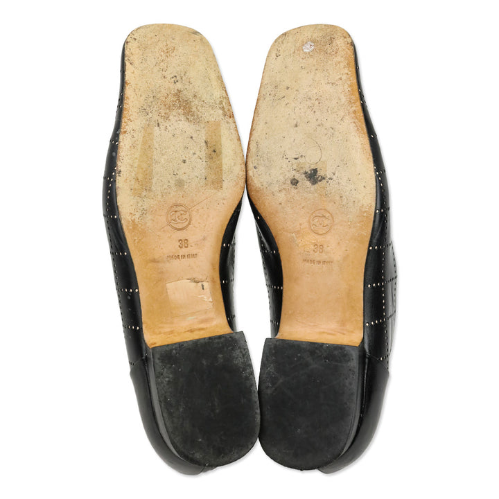 Chanel Black Leather Square Toe Pointelle Accent Heels