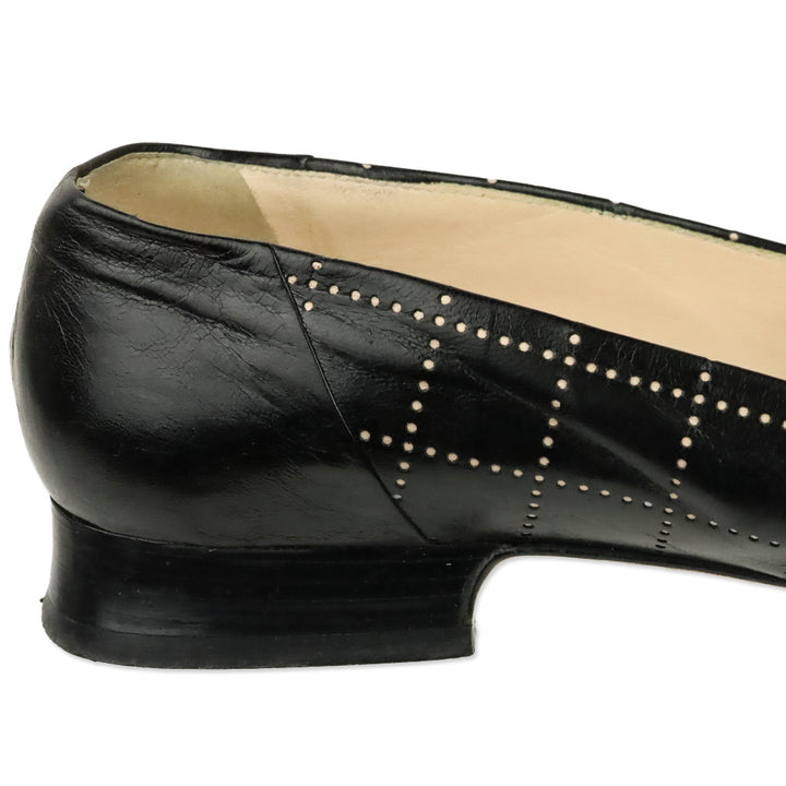 Chanel Black Leather Square Toe Pointelle Accent Heels
