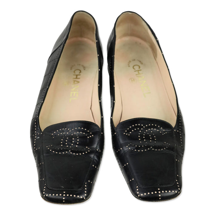 Chanel Black Leather Square Toe Pointelle Accent Heels