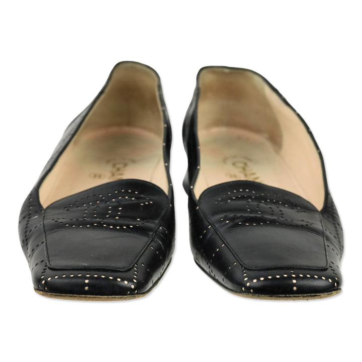 Chanel Black Leather Square Toe Pointelle Accent Heels