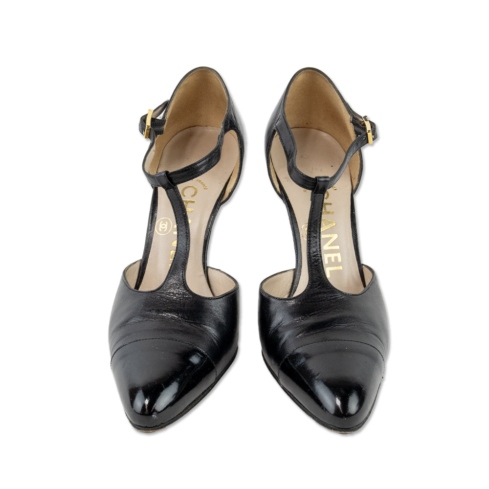 Chanel Black Leather T Strap Pointed Toe Pumps