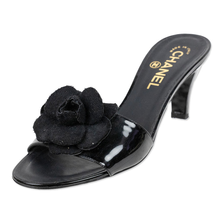 Chanel Black Patent Leather Camellia Flower Accent Mules