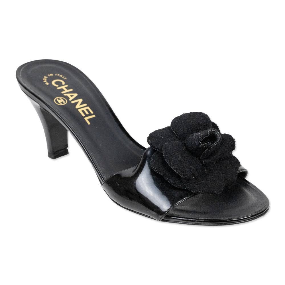 Chanel Black Patent Leather Camellia Flower Accent Mules