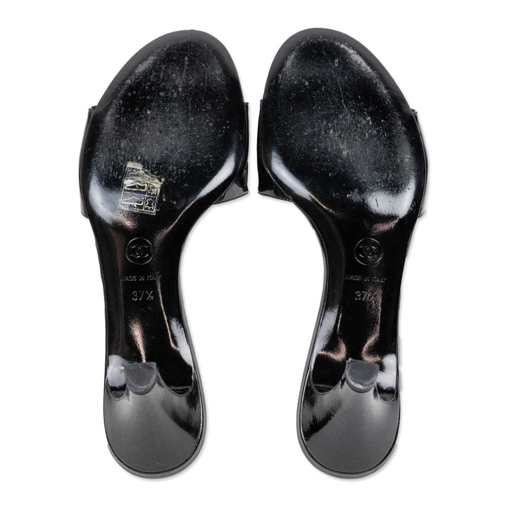 Chanel Black Patent Leather Camellia Flower Accent Mules