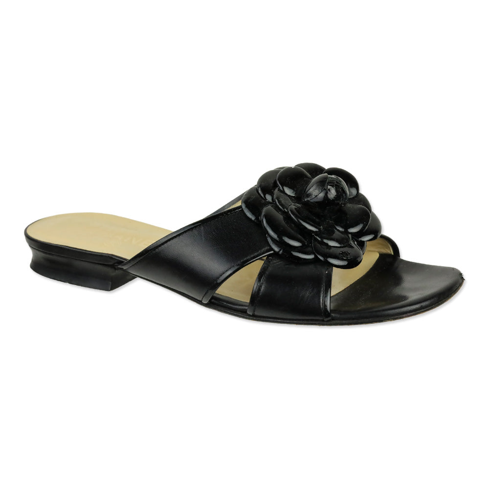 Chanel Black Patent Leather Camilla Slide Sandals