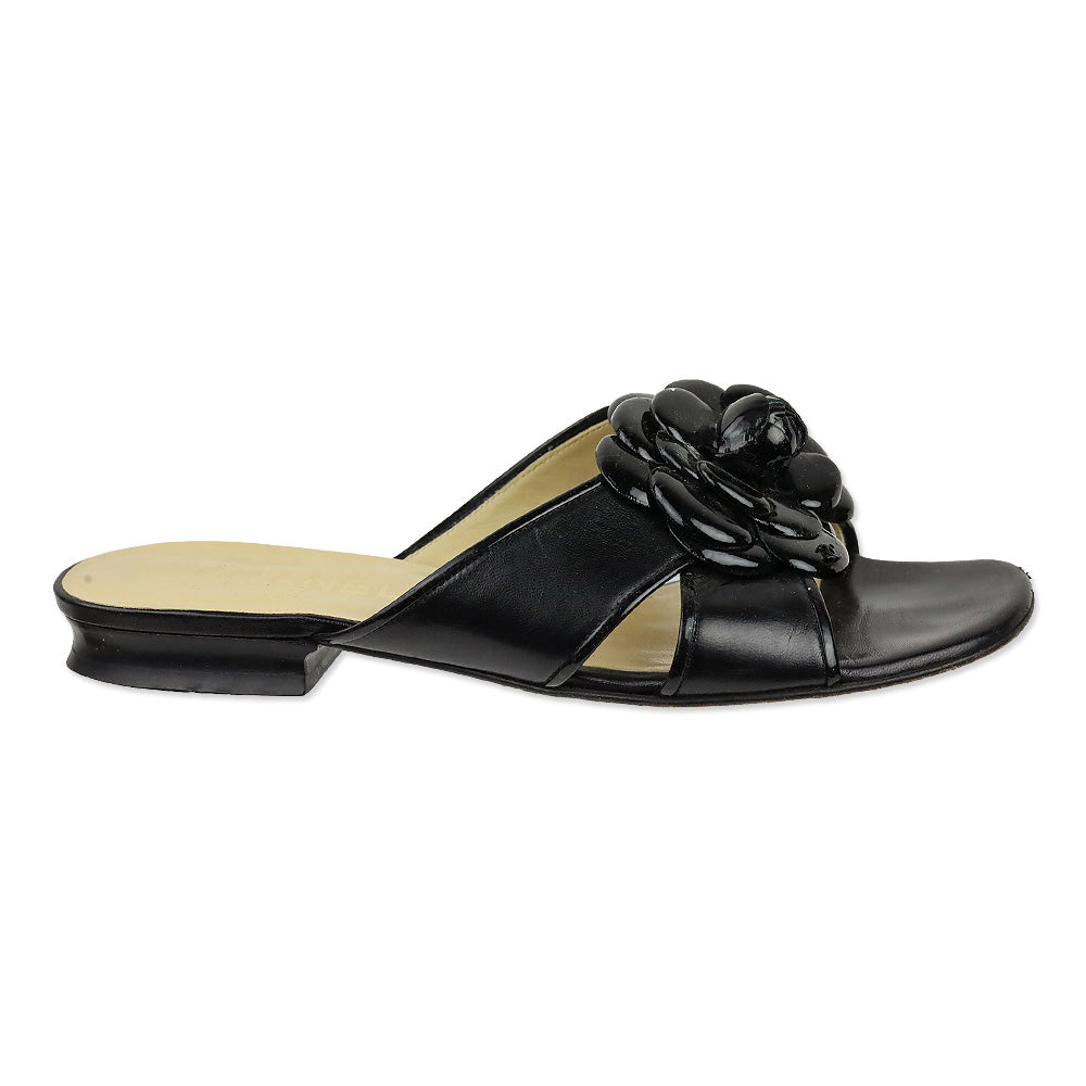 Chanel Black Patent Leather Camilla Slide Sandals