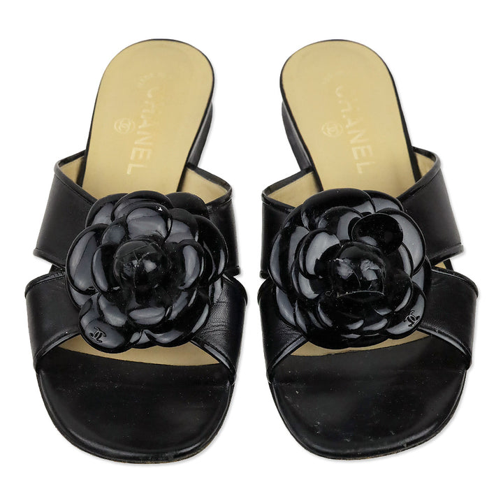 Chanel Black Patent Leather Camilla Slide Sandals